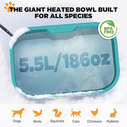 IPOW Pet Heated Water Bowl - 5.5L Extra-Large Rectangular Outdoor Durable Outdoor Dog Bowl with Anti-Chew Cord, Keep Water Warm at 77-95℉ for Cats & Dogs, BPA-Free, Spill-Proof, Blue
