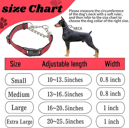 Martingale Dog Collars, Reflective Nylon Collar with Stainless Steel Chain, Adjustable Walking Training Dog Collars with Quick Release Buckle, Suitable for Small Medium Large Dogs(Red,S)