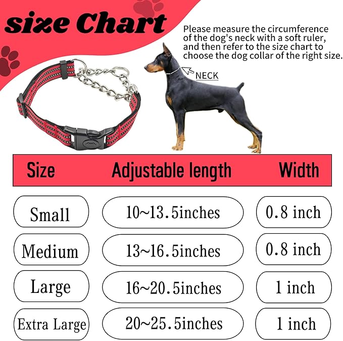 Martingale Dog Collars, Reflective Nylon Collar with Stainless Steel Chain, Adjustable Walking Training Dog Collars with Quick Release Buckle, Suitable for Small Medium Large Dogs(Red,M)