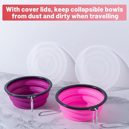 SLSON Dog Bowls Pet Collapsible Bowl with Cover Lids,2 Pack Dog Travel Bowls Portable Foldable Cat Water Dish Bowl for Pets Walking Parking Camping (Pink and Purple, Large)
