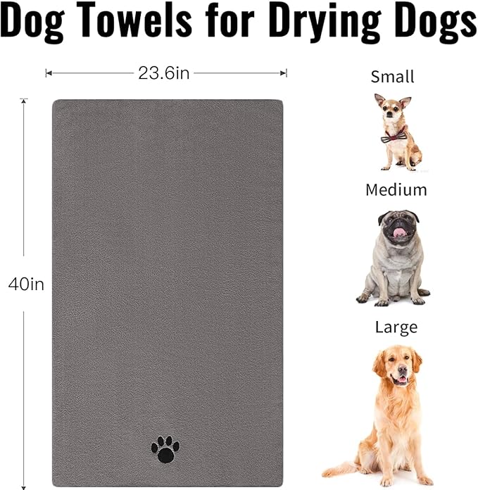 Puomue Microfiber Dog Towels for Drying Dogs, Super Absorbent and Soft Pet Grooming Towel, 40 Inch X 23.6 Inch, Perfect for Large, Medium or Small Dogs (Grey, 40''X23.6'' - 2pack)