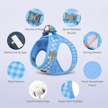 Soft Mesh Dog Harness and Leash Set, Step-in Escape Proof Vest Harnesses, Reflective Breathable Pet Harness Adjustable Plaid Pet Outdoor Harnesses for Small and Medium Dogs, Blue M