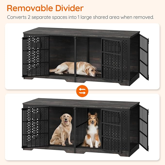 HOOBRO 71" Dog Crate Furniture for 2 Large Dogs, Heavy Duty Indoor Kennel with Removable Divider & Name Tags, TV Stand Cage Furniture for Medium & Large Dogs, Charcoal Gray & Black BC84GW03
