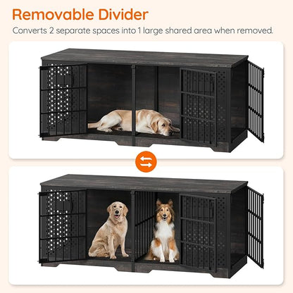 HOOBRO 71" Dog Crate Furniture for 2 Large Dogs, Heavy Duty Indoor Kennel with Removable Divider & Name Tags, TV Stand Cage Furniture for Medium & Large Dogs, Charcoal Gray & Black BC84GW03