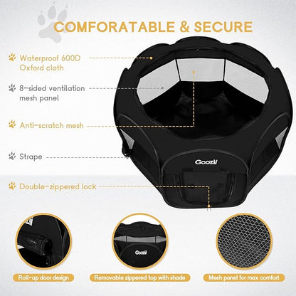 GOOZII Puppy Playpen Indoor for Small Dogs, Portalble Pet Dog Play Pens Kennel Crate with Top Cover Floor Door Enclosed for Large Cats Animal as Dog Lovers (Black, Medium Size)