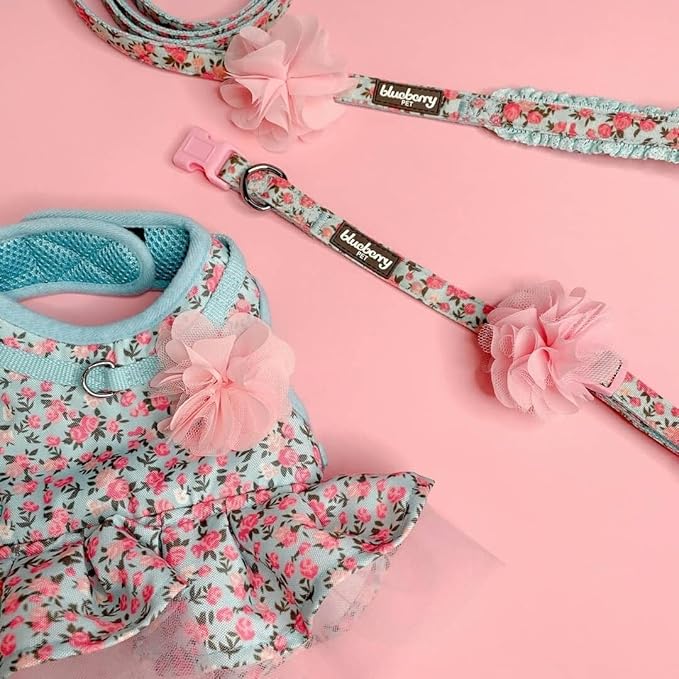 Blueberry Pet Soft & Comfy Made Well Cute Floral No Pull Mesh Dog Costume Harness Dress in Light Blue, Chest Girth 19"-21", Small, Adjustable Harnesses for Dogs