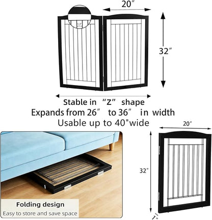 ZJSF Freestanding Foldable Dog Gate for House Extra Wide Wooden Indoor Puppy Gate Stairs Doorways Pet Gate Tall Dog Fence 2 Panels Fence Black