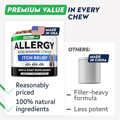 StrellaLab Dog Allergy Relief & Anti Itch Support Chews w/Omega 3: Real Ingredients, Real Taste! Skin & Coat Immune Supplement w/Fish Oil, Pumpkin & Enzymes — Developed by Experts - Made in USA -180Ct