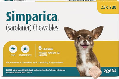 Simparica (sarolaner) Chewables for Dogs, 5 mg/tab, 2.8-5.5 lbs (Gold), 6 Tablets