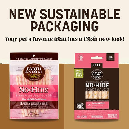Earth Animal No Hide Stix - Long Lasting Rawhide Free Small Dog Chews Sticks, Salmon - 20 Count Value Pack