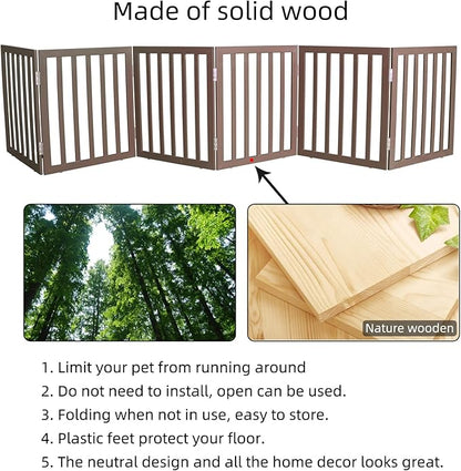 ZJSF Freestanding Indoor Dog Gate for House Foldable Wood Brown Puppy Gate for Doorways Pet Gate for Stairs Extra Wide Pet Fence 24" Height 6 Panels