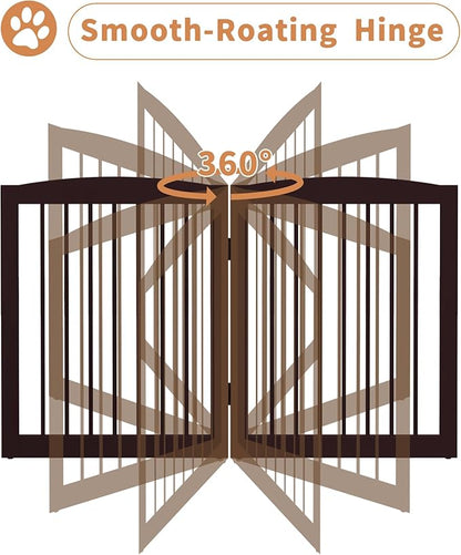 PUPETPO Freestanding Pet Gates with Walk Through Door, Dog Indoor Fence, Dog Gate for The House, Doorway, Stairs, Extra Wide Pet Gate, Support Feet Included, 120 Inch Wide, 6 Panels 24" Tall, Brown