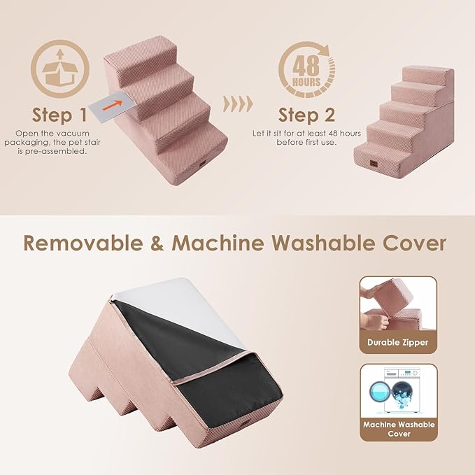 EHEYCIGA Dog Stairs for High Bed 22.5" H, 5-Step Dog Steps for Bed, Pet Steps for Small Dogs and Cats, Non-Slip Balanced Pet Ramp Indoor, Pink
