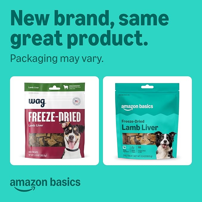 Amazon Basics Freeze-Dried Raw Single Ingredient Dog Treats, Lamb Liver, High Protein, Healthy Training Treats or Meal Topper for All Dogs, Grain-Free, 3.3oz (Pack of 2) (Previously Wag)