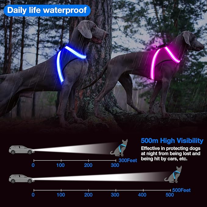 ChalkLit Light Up Dog Harness, No Pull Led Dog Harness Glow-in-The-Dark for Night Walking, USB Rechargeable Lighted Safety Vest for Medium Large Dogs, Adjustable Soft Mesh Fully Illuminated (Blue, L)