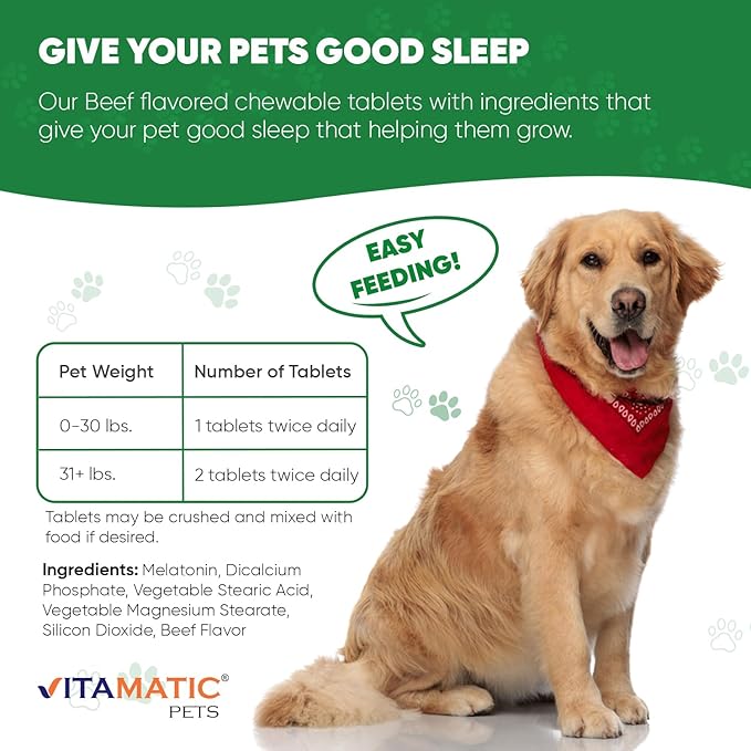 Vitamatic Melatonin for Dogs – 6 mg – 120 Chewable Tablets (Pack of 3) Beef Flavored – Natural Calming Aid for Dogs – Non-Habit Forming – Stress & Sleep Support