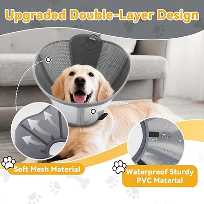 Upgraded Dog Cone Collar for Large Medium Dogs, Soft Dog Cone with Double-Layer Design, Adjustable Pet Recovery Collar for Dogs After Surgery, Elizabethan Collar (XL, Grey)