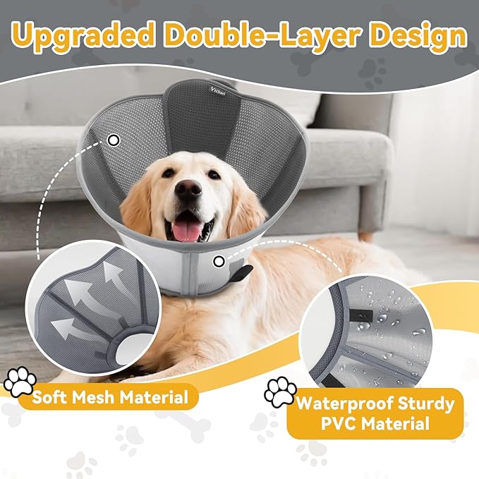 Upgraded Dog Cone Collar for Large Medium Dogs, Soft Dog Cone with Double-Layer Design, Adjustable Pet Recovery Collar for Dogs After Surgery, Elizabethan Collar (L, Grey)