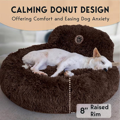 PetJett Calming Dog Bed Medium Size Dog - 30'' Donut Bed, Anti-Slip & Washable Super Soft Fluffy Plush Round Bed, Anti-Anxiety Premium Comfort Pet Bed, Fits Dogs up to 45 lbs - Brown
