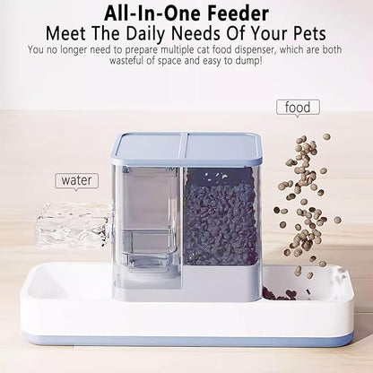 kathson Gravity Cat Food and Water Dispenser Automatic Dog Feeder Waterer 2 in 1 Auto Pet Food and Water Bowl Set Self Feeding for Puppy Kitten，Blue