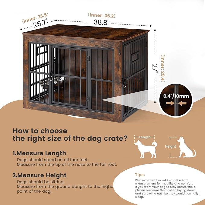 38 Inch Heavy Duty Dog Crate Furniture for Medium Dogs, Decorative Pet House End Table with 3 Doors & Adjustable Bowls, Wooden Cage Kennel Furniture Indoor, Rustic Brown
