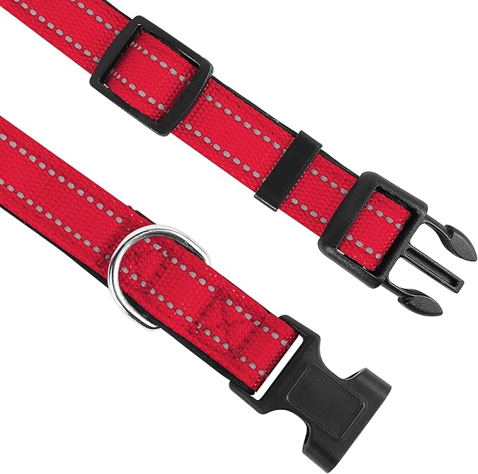 Reflective Dog Collar, Adjustable Soft Neoprene Padded Nylon Pet Collars with Buckle for Large Dogs, Red,L