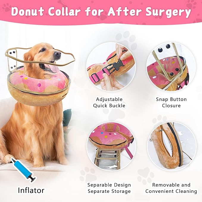 Inflatable Dog Cone Collar Soft Dog Cone Alternative After Surgery to Stop Licking for Large Medium Dogs Recovery Donut Cone Adjustable Neck Collar with Enhanced Anti-Licking Guard Shield,Donut Pink,M