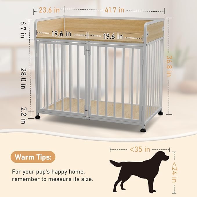42 in Dog Crate Furniture, Medium Dog Kennel Indoor with 2 Bowls, Wooden Dog Cage Table Decorative for Small Medium Dog, 42" L X 24" W X 36" H