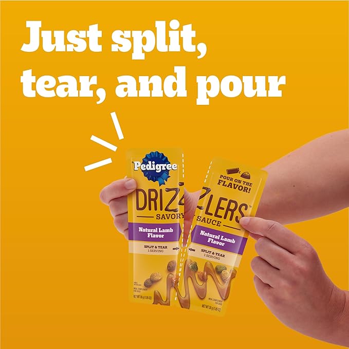 Pedigree Drizzlers for Dogs, Wet Dog Food Gravy Savory Sauce, Natural Lamb Flavor, 60g Dual-Serving Pouch (22 Count, 44 Servings Total)