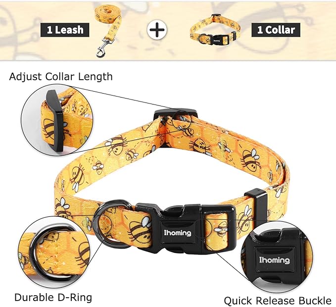 Ihoming Dog Collar and Leash Set for Daily Outdoor Walking Running Training, Bee Design for Large Boys Girls Dogs Cats Pets, L-Up to 80LBS