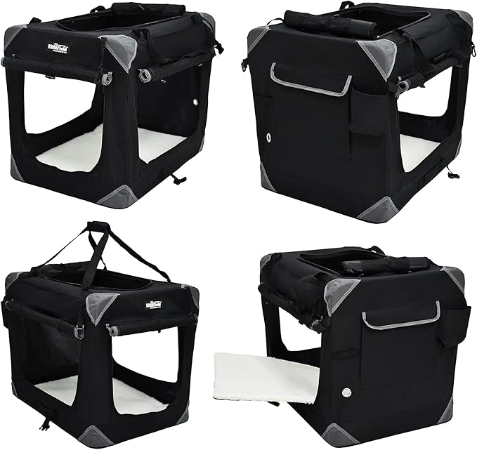 EliteField 4-Door Folding Soft Dog Crate with Curtains, Carrying Bag and Fleece Bed (2 Year Warranty), Indoor & Outdoor Pet Home (36" L x 24" W x 28" H, Black+4 Door Curtains)