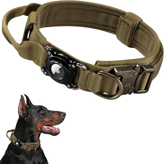 Upgraded AirTag Dog Collar, IP68 Waterproof Air Tag Dog Collar Holder, Ultra-Durable, Comfortable Padded, Heavy Duty Dog Collars for Medium Large Dogs with Smart ID tag(Khaki,XL)