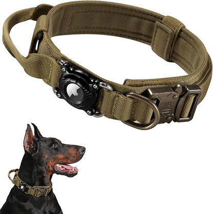 2026 Upgrade Military Tactical Dog Collar with Waterproof AirTag Holder - Heavy Duty Nylon GPS Tracking Collar with Control Handle & Metal Buckle for Medium Large Dogs (Khaki, L)