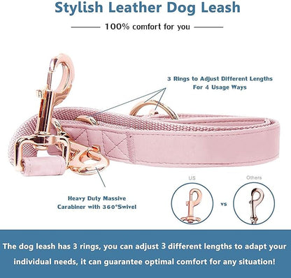 Soft Leather Dog Collar and Leash (6.6') Set - Stylish Rose Gold Heavy Duty Metal Buckle, 4 Adjustable Lengths Leash for Small Medium Large Dogs - Comfortable & Easy to Clean Pink S(12.2"-16.9")