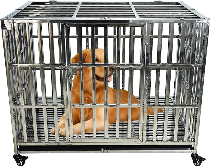 Confote 37/47 Inch Heavy Duty Dog Crate Metal Cage Kennel, High Anxiety Pet Cage with Lockable Wheels & Double Doors for Small Medium Large Dogs (SS-42)