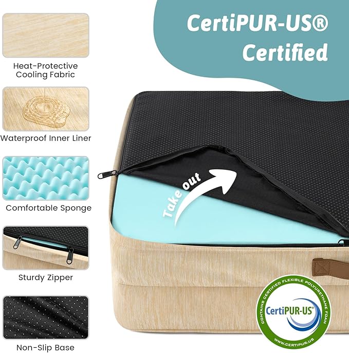 Cooling Dog Bed for Large Medium Size Dogs, Q-Max >0.4 Summer Cool Orthopedic Foam Pet Sofa Bed with Sides, Bolster Anti-Slip Couch with Washable Removable Cover, L 36x27x6.5 inch, Beige