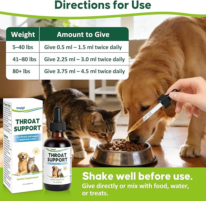 Throat Support for Dogs – Trachea & Respiratory Support Drops for Collapsed Trachea, Occasional Cough & Throat Discomfort – Slippery Elm & Mullein – for Dogs & Cats – Liquid Formula, 2 fl oz