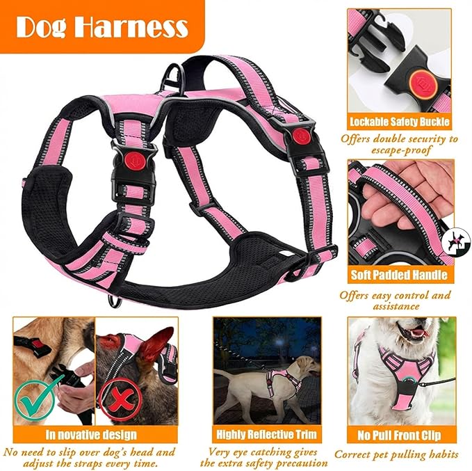 No Pull Dog Harness, Collar & Leash Set | Includes Dog Seat Belt, Collapsible Bowls & Poop Bag Dispenser. Ideal for Training, Walking, Hiking. Fits Small to Large Dogs(Pink-S)