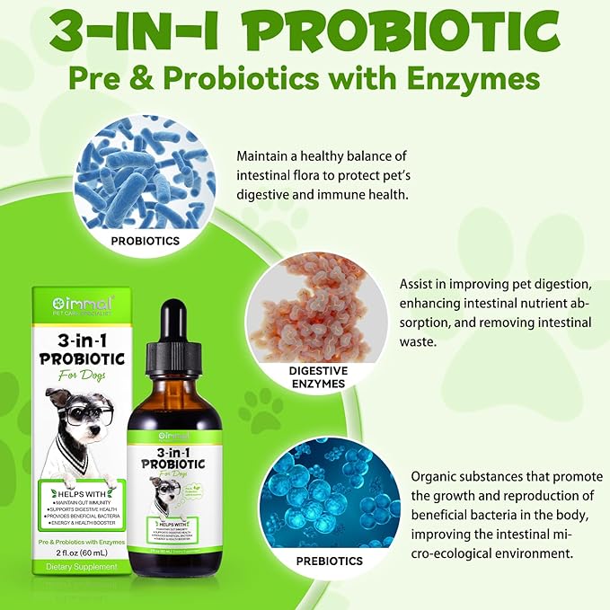 Probiotic for Dogs, 2 Pack Natural 3 in 1 Dog Probiotic Drops Helps to Diarrhea & Upset Stomach Relief, Supports Healthy Digestive System, Allergies, Digestive Enzyme for Dog, Bacon Flavor - 60ml x 2