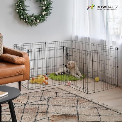 BOWHAUS Foldable Outdoor/Indoor Pet Playpen with Gate, Available in 30 Inch Height Metal Portable Kennel, Heavy-Duty Exercise Fence Cage 8 Panels for Medium Dog, Animals