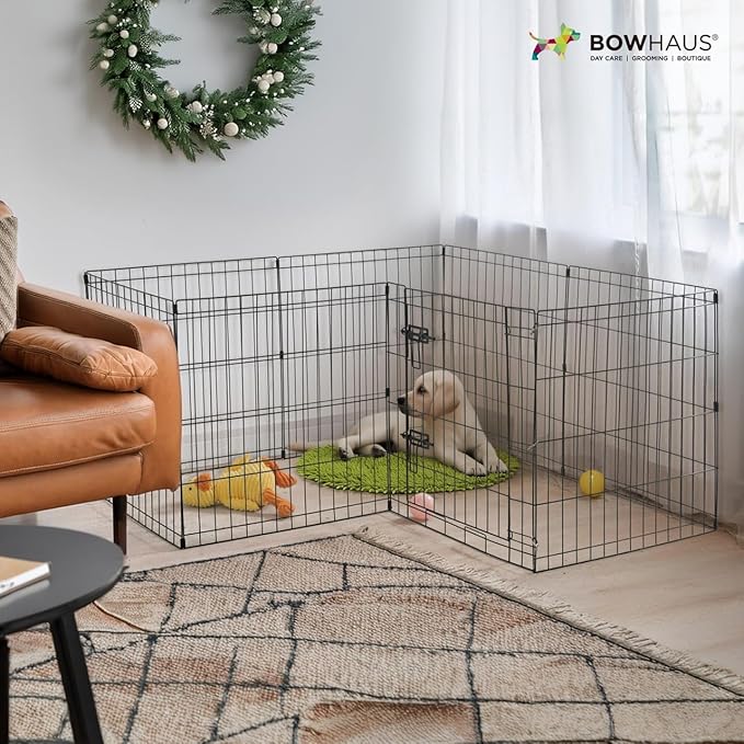 BOWHAUS Foldable Outdoor/Indoor Pet Playpen with Gate, Available in 24 Inch Height Metal Portable Kennel, Heavy-Duty Exercise Fence Cage 8 Panels for Small Dog, Animals