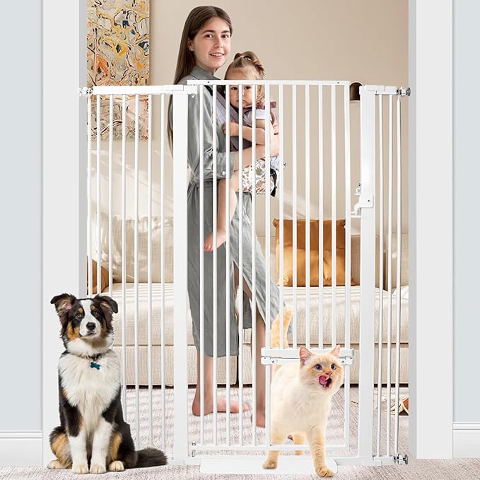 SHYUJAJIE 55 Inch Extra Tall Pet Gate with Small Cat Door,29.55"-46.06" Adjustable Wide Dog Gate, Tall Cats Gates for Doorway, Stairs, House(White)