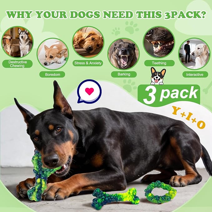 3Pack Dog Chew Toys for Aggressive Chewers, Indestructible Interactive Dog Chew Nylon Bone Toys for for Medium Large Breed 15-60lbs, Teething Toy to Keep Them Busy, Bacon Flavor (Green)