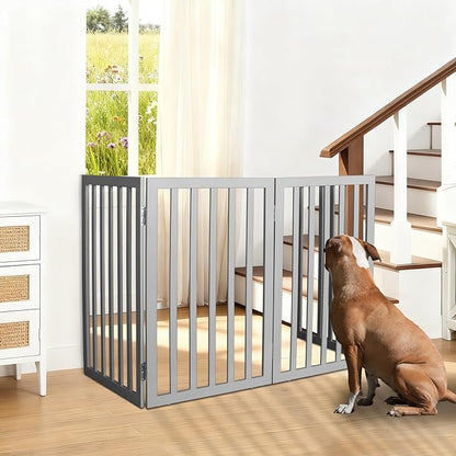 ZJSF Freestanding Indoor Dog Gate for House Foldable Wood Grey Puppy Gate for Doorways Pet Gate for Stairs Extra Wide Pet Fence 24" Height 4 Panels