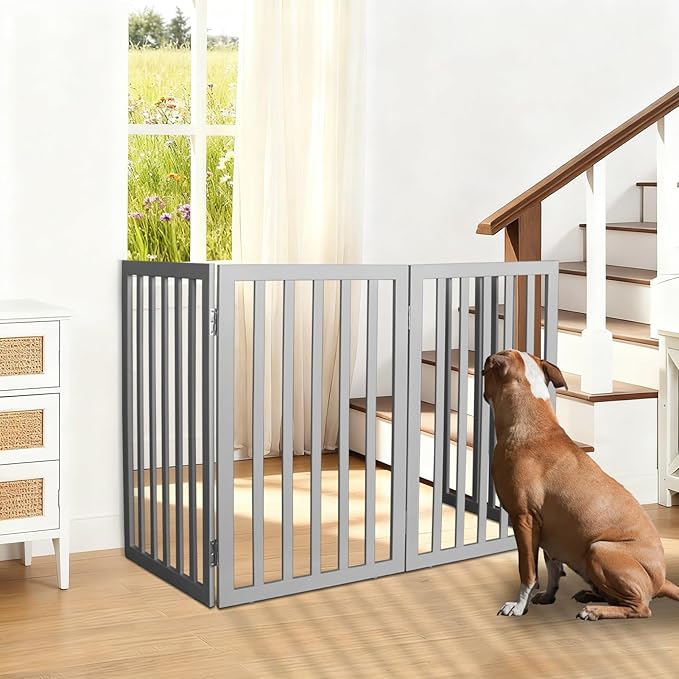ZJSF Freestanding Indoor Dog Gate for House Foldable Wood Grey Puppy Gate for Doorways Pet Gate for Stairs Extra Wide Pet Fence 32" Height 6 Panels