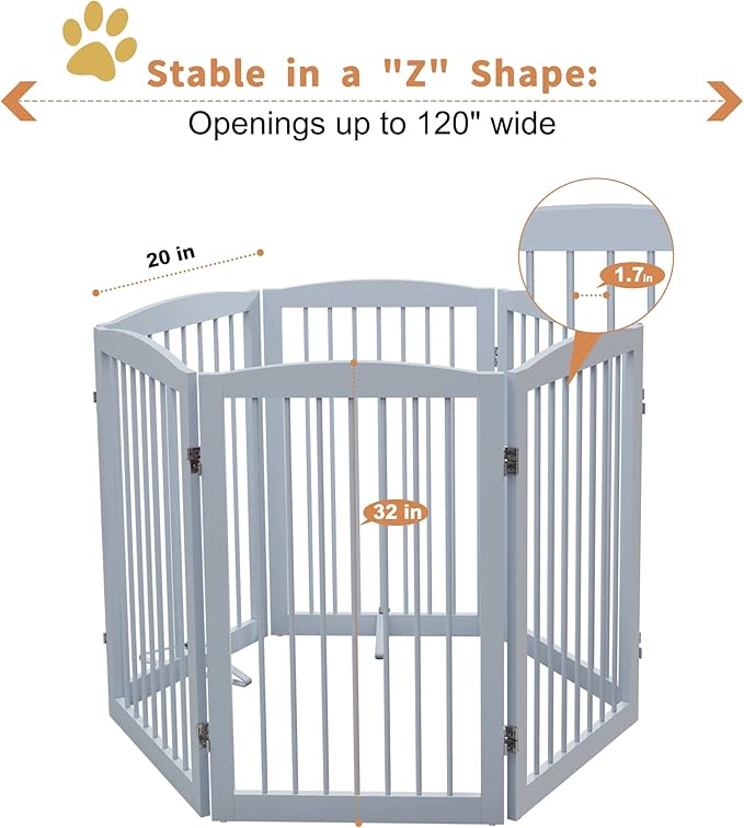 PUPETPO Freestanding Pet Gate for Dogs, Indoor Wooden Foldable Dog Gate for House, Extra Wide, Pet Fence for Stairs, Doorways, Halls, Support Feet Included, 120 Inch Wide, 6 Panels 32",Grey