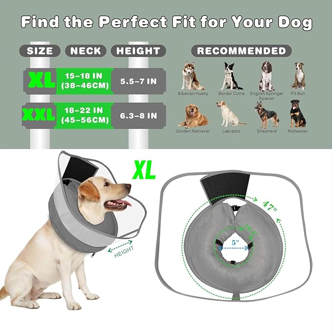 Inflatable Dog Cone with Transparent Shield, Protective Dog Donut Collar After Surgery Soft Donut Cone for Dogs, Gray, XL