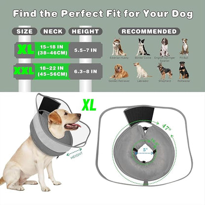 Inflatable Dog Cone with Transparent Shield, Protective Dog Donut Collar After Surgery Soft Donut Cone for Dogs, Gray, XL