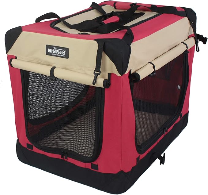 EliteField 4-Door Folding Soft Dog Crate with Curtains, Carrying Bag and Fleece Bed (2 Year Warranty), Indoor & Outdoor Pet Home (20" L x 14" W x 14" H, Red+Beige)