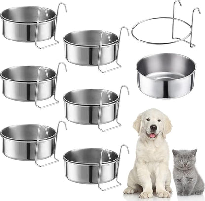 mumufy 6 Pieces Stainless Steel Hanging Water Bowls with Holder Detached Anti Spill Pet Metal Bowl Cage Kennel Crate Food Bowl(30 oz)
